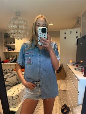 SNOOPY Light Wash Denim Button-Up Shirt with Embroidered Patch